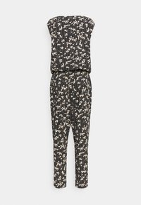 Black jumpsuit with a strapless design, featuring a floral pattern in cream. Vertical stripes add texture; tapered legs complete the look.