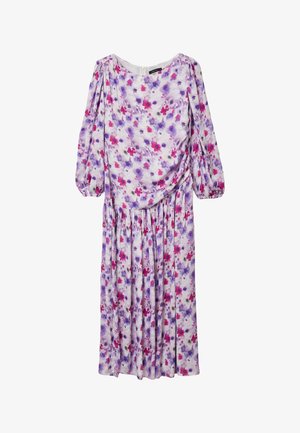 Robe midi fleurie avec manches longues bouffantes. En tissu léger décoré de fleurs violettes, roses et blanches. Corsage froncé et plis dans la jupe.