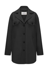 Schwarze Wollmischung-Jacke mit kragenförmigem Ausschnitt, Knopfverschluss, Brusttaschen und Seitentaschen; zeichnet sich durch eine gerade Schnittführung und lange Ärmel aus.