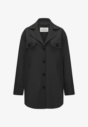 Schwarze Wollmischung-Jacke mit kragenförmigem Ausschnitt, Knopfverschluss, Brusttaschen und Seitentaschen; zeichnet sich durch eine gerade Schnittführung und lange Ärmel aus.