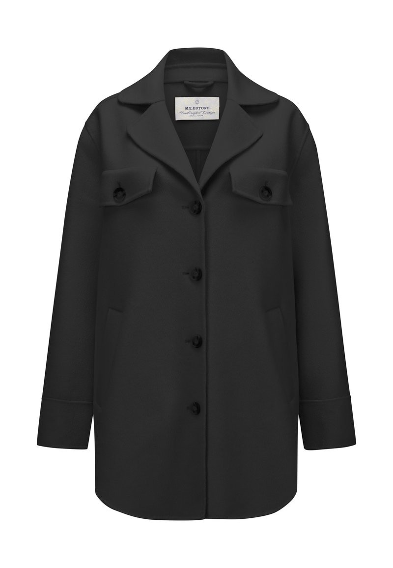 Schwarze Wollmischung-Jacke mit kragenförmigem Ausschnitt, Knopfverschluss, Brusttaschen und Seitentaschen; zeichnet sich durch eine gerade Schnittführung und lange Ärmel aus.