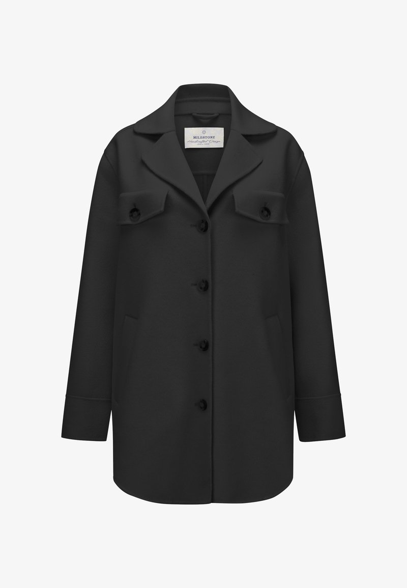 Schwarze Wollmischung-Jacke mit kragenförmigem Ausschnitt, Knopfverschluss, Brusttaschen und Seitentaschen; zeichnet sich durch eine gerade Schnittführung und lange Ärmel aus.