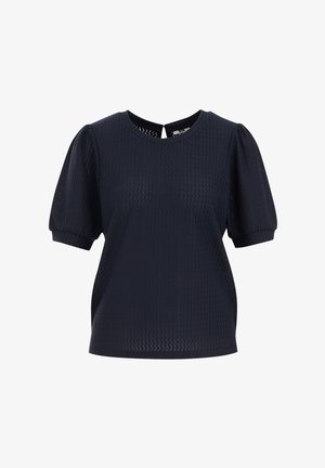Granatowa bluzka krótki rękaw z teksturowanej tkaniny, okrągłym dekoltem i szczegółem w kształcie dziurki z tyłu. Posiada bufiaste rękawy i luźny krój.