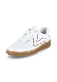 Witte sneaker met een gladde leren buitenkant, een gumrubberen zool en een bruin accentontwerp. Beschikt over witte veters en een gevoerd kraag voor comfort.