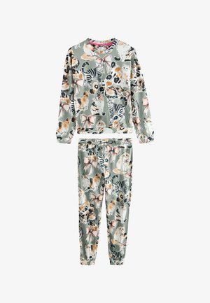 Ensemble sweat-shirt et pantalon de jogging assortis avec illustrations de chats multicolores et nœuds roses sur un fond vert atténué.