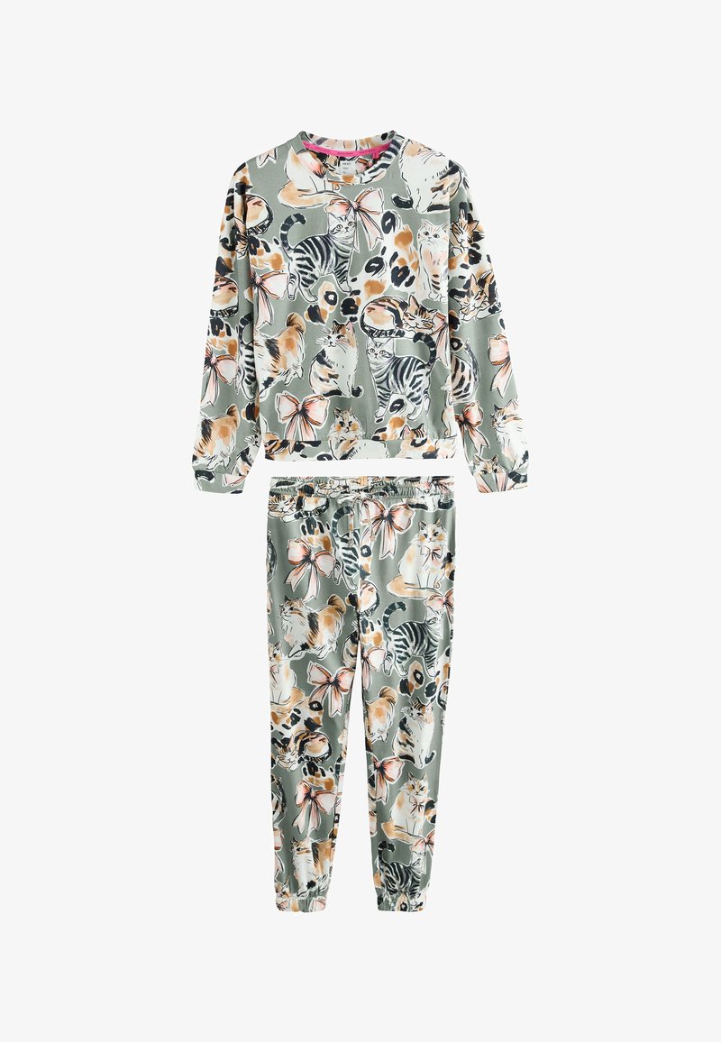 Ensemble sweat-shirt et pantalon de jogging assortis avec illustrations de chats multicolores et nœuds roses sur un fond vert atténué.