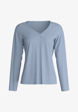 Hellblauer langärmeliger Strickjacke mit Knöpfen, V-Ausschnitt und feiner vertikaler Rippstruktur.