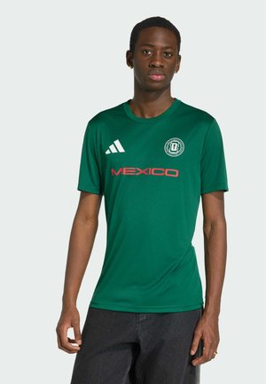 Ung mand iført en grøn Mexicos fodboldtrøje med adidas-logo og emblem, stående mod en ensfarvet lys baggrund.