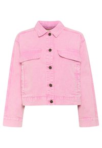 Ljusrosa denimjacka med krage, knappstängning fram, två bröstfickor och en kort design. Har kontrasterande sömmar och bronserade knappar.