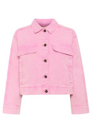 Light pink denim jacket with a collar, button front, two chest pockets, and a cropped design. Features contrast stitching and bronze buttons.