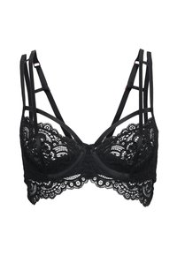 Zwarte kant bralette met een intricaat bloemenpatroon, zachte cups en een brede kanten band. Heeft dunne bandjes voor extra ontwerp. 