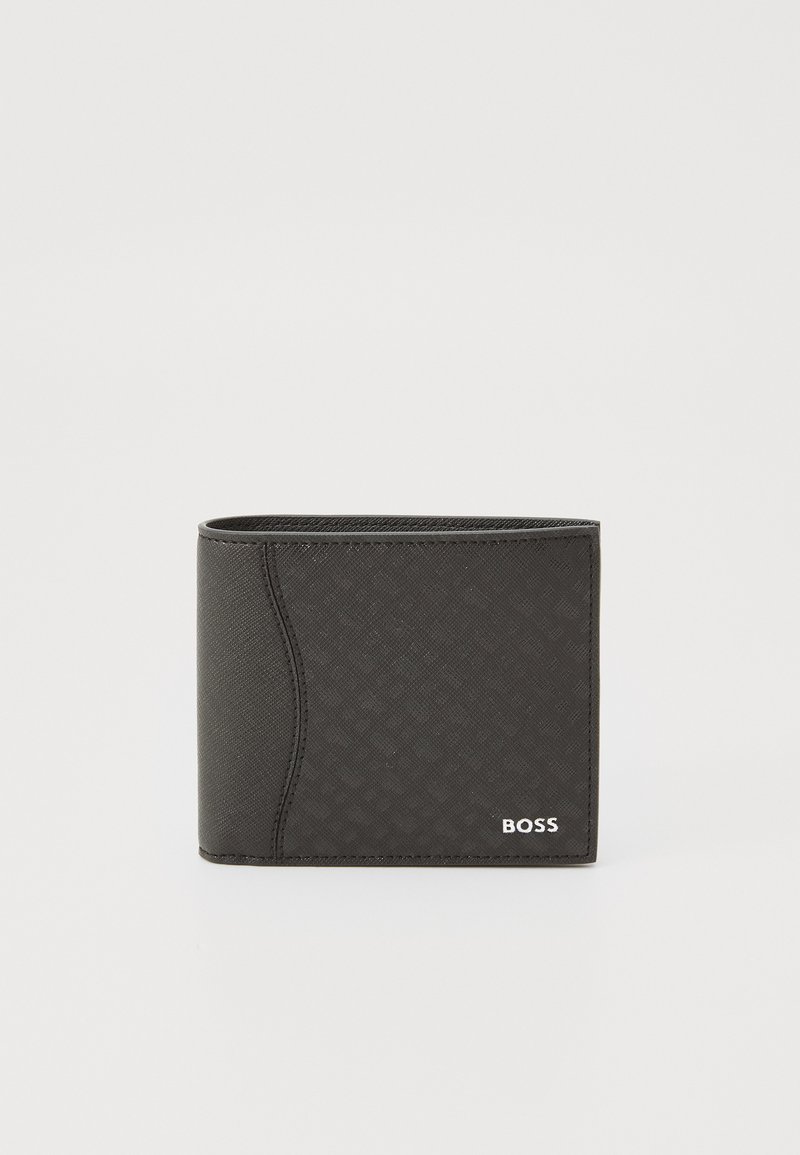 Portefeuille bi-fold noir en cuir texturé, avec un motif subtil et un logo de marque embossé. Design compact avec des bords arrondis.