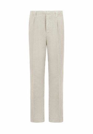 Beżowe spodnie z prostymi nogawkami, szlufkami na pasek, przednimi zakładkami i ukrytym zapięciem na zamek.