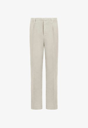 Beige gerade Hose mit Gürtelschlaufen, Vorderfalten und verdecktem Reißverschluss.