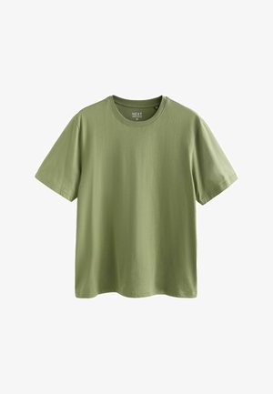 Schlichtes olivgrünes T-Shirt mit kurzen Ärmeln und Rundhalsausschnitt in mittlerer regulärer Passform, flach auf weißem Hintergrund präsentiert.