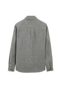 Gray long-sleeve shirt made of textured fabric. Features a standard collar and buttoned cuffs. Back includes a yoke and pleat detail.
