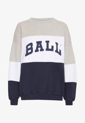 Grå, hvit og marineblå fargeblokkert hettegenser med "BALL" i store marineblå bokstaver. Myk tekstur med ribbede mansjetter og kant. Rund hals.
