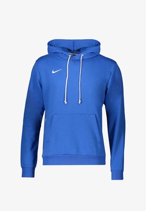 Sweat-shirt à capuche bleu Nike avec cordons blancs, poche kangourou à l'avant et poignets et ourlet côtelés, présenté sur un fond blanc.