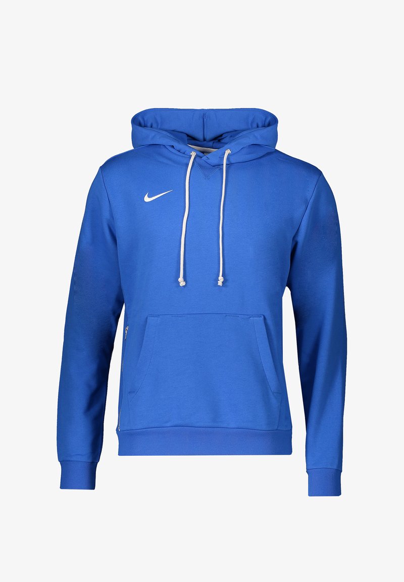 Blauwe Nike capuchontrui met witte trekkoorden, een voorzak in kangoeroestijl en geribbelde manchetten en zoom, weergegeven op een witte achtergrond.