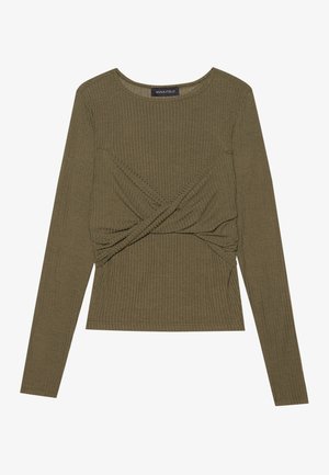 Camisola de manga longa verde-azeitona feita de tecido canelado, com um design frontal torcido e decote redondo.