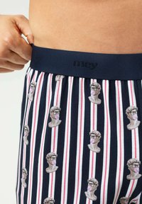 Marineblauwe boxershorts met een gestreept patroon in rood en wit, met kleine gedrukte buste van een personage met een bril en kauwgom kauwend.