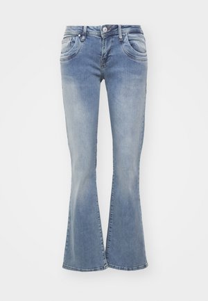 Blue flared jeans made of denim, featuring a light wash, five pockets, and a button closure. The legs are wide at the hem.