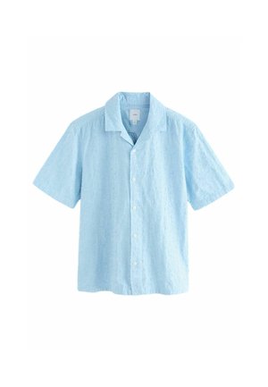 Svetlomodrá krátkyrsá košeľa s textúrovaným kvetinovým vzorom, zapínanie na gombíky a rozšírený golier. Vyrobená z ľahkého materiálu.