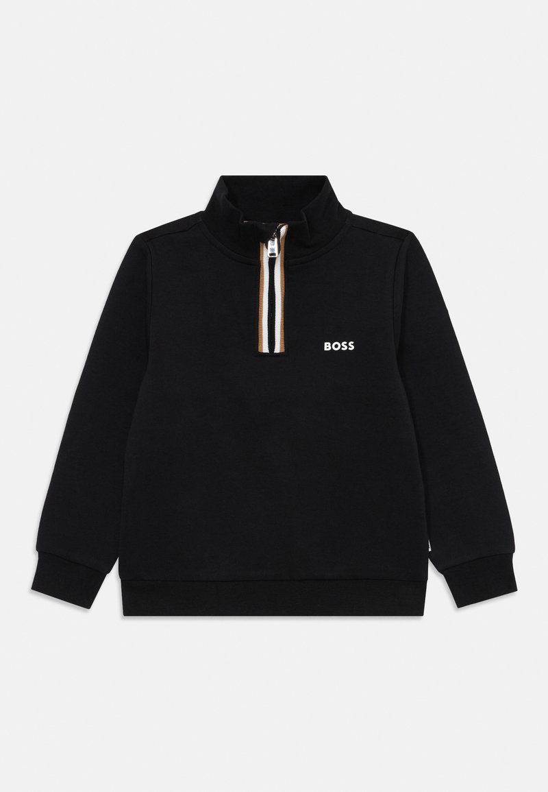 Black zip-up sweatshirt made of cotton, featuring a high collar, half-zip closure, and white "BOSS" logo on the front.