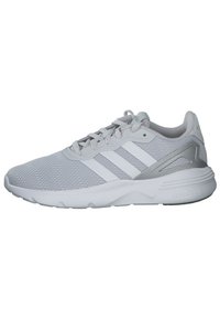 Light gray athletic shoes with breathable mesh upper, rubber sole, white three-stripe design, and cloudfoam cushioning detail on the heel.