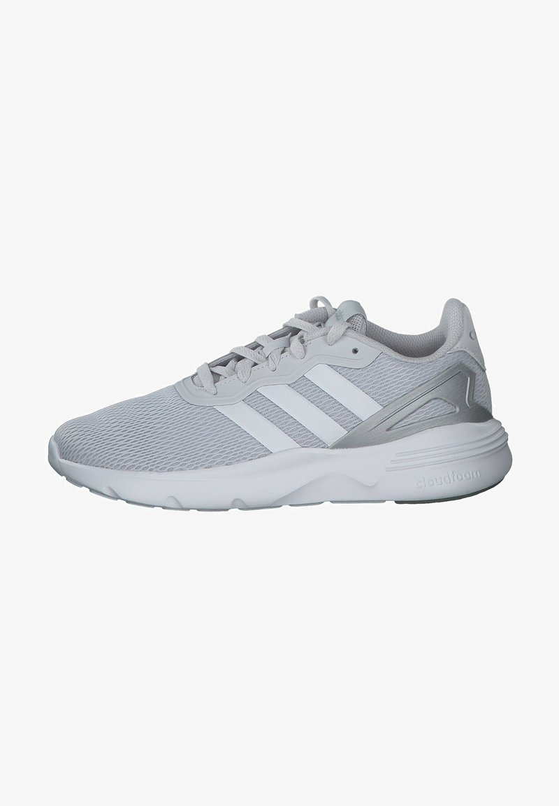 Light gray athletic shoes with breathable mesh upper, rubber sole, white three-stripe design, and cloudfoam cushioning detail on the heel.