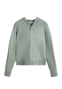 Mäta zelená mikina na zips, ribovaný povrch, s kapucňou a raglánovými rukávmi, a priliehavý pás. Obsahuje predný zips a žiadne viditeľné kovové akcenty.