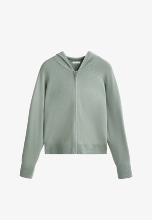 Mäta zelená mikina na zips, ribovaný povrch, s kapucňou a raglánovými rukávmi, a priliehavý pás. Obsahuje predný zips a žiadne viditeľné kovové akcenty.