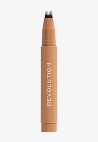 Bruin wenkbrauwproduct in een cilindrische tube met een tapse punt. Voorzien van een fijne, gevorkte applicator aan het einde. De tekst "REVOLUTION" is in het wit gedrukt.