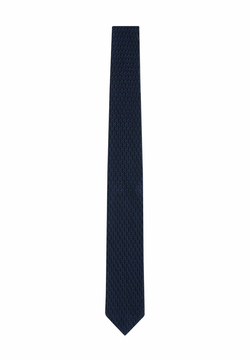 Donkerblauwe stropdas met een gestructureerd diamantpatroon, taps aflopende vorm en een gladde afwerking. Geschikt voor formele gelegenheden.