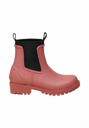 Matte rosa Knöchelregenstiefel mit schwarzen elastischen Seitenpartien, Zuglaschen und robuster Sohle, von der Außenseite betrachtet.