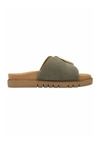 Gröna mocka slip-on-sandaler med en tan gummisula, med en accent i guldton och design med stängd tå. Texturerad yta och räfflad sula.