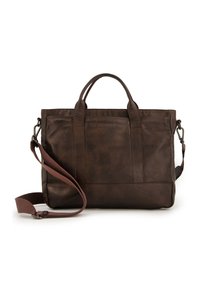Sac fourre-tout en cuir marron avec poignées doubles et une bandoulière amovible. Il possède une texture lisse et un logo en relief subtil.