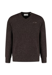 Bruine trui met V-hals, geribde zoom en manchetten. Textuurgebreide stof met subtiele vlekken. Klein logo geborduurd op de borst.