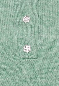Jersey de malha verde-claro com um padrão texturizado, apresentando dois adornos em forma de flor prateada na frente.