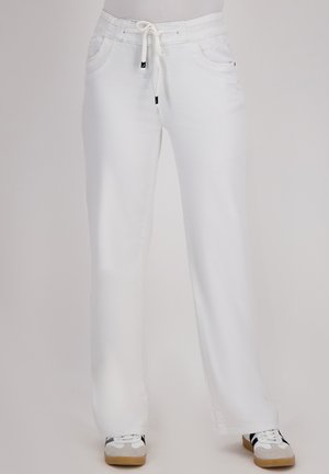 Witte, wijde broekspijpen met een elastische tailleband, trekkoord en twee zijzakken. Gladde textuur met een casual ontwerp.