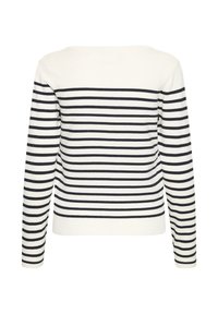 Pull blanc avec des rayures horizontales bleu marine, col rond, manches longues et ourlet côtelé. Confectionné dans une matière tricotée douce.