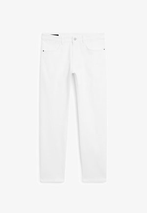 Jeans in denim bianco con taglio dritto, design a cinque tasche e chiusura a bottone sicura in vita. Texture liscia, cuciture minime.
