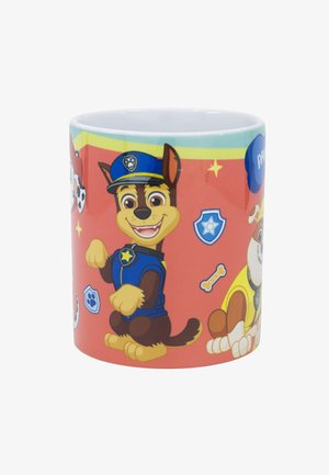 Ceramic mug featuring cartoon dogs in police uniforms on a red background. Matt finish, rounded shape, with playful graphics and colorful accents.