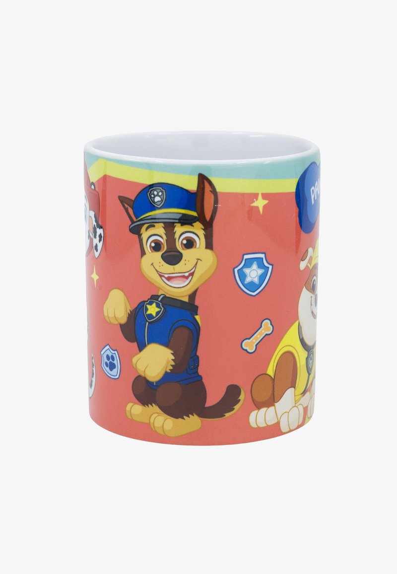Keramiktasse mit Cartoon-Hunden in Polizeiuniformen auf rotem Hintergrund. Mattes Finish, runde Form, mit verspielten Grafiken und bunten Akzenten.
