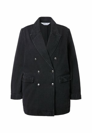 Giacca doppiopetto in denim nero con revers a punta, due tasche frontali, dettagli in bottone argentato e una finitura testurizzata.