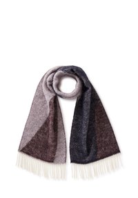 Pletený šála s geometrickým vzorem v odstínech šedé, bordó a tmavě modré. Má jemnou texturu a krémové třásně na okrajích.