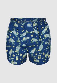 Blaue Stoffshorts mit verspielten Schafen, Sternen und schlafbezogenen Wörtern wie "schläfrig", "zzz" und "ich bin müde", die in hellen Farben aufgedruckt sind.