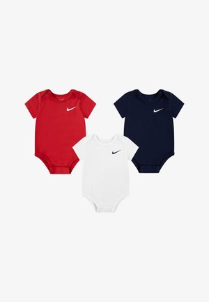 Komplet treh otroških bodijev: rdeč, bel in mornarsko modra. Vsak ima obliko s kratkimi rokavi in majhno Nike logo na prsih.