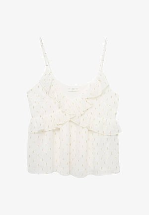 Top alb fără mâneci cu un design stratificat de volane, având un model subtil de puncte mici și colorate. Material ușor, cu bretele ajustabile.