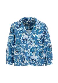 Blå blommig skjorta med krage, 3/4-ärmar och ett livfullt blommönster i nyanser av blått och vitt. Mjuk tygkänsla.
